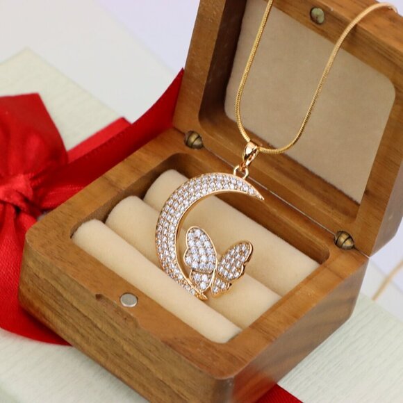 "Moon and Butterfly Rose Gold Pendant with Crystals, XPPT1219 - Picture 12 of 13